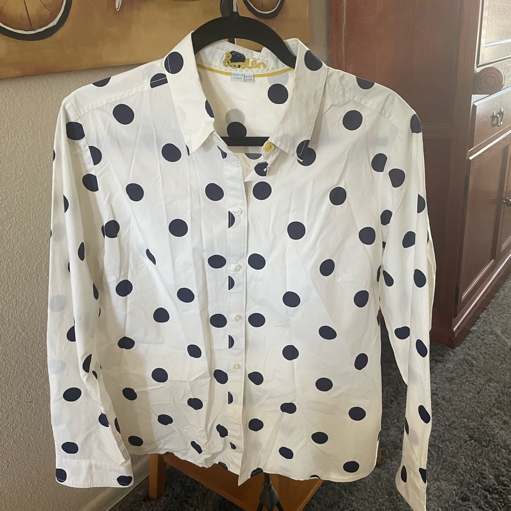 Boden, off white with large blue polkadot,  long sleeve, button downed shirt, 10
